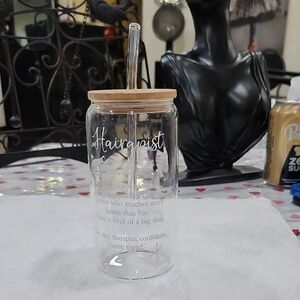 'HAIRAPIST' GLASS TUMBLER with BAMBOO LID and STRAW